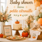Décoration de baby shower sur le thème de la petite citrouille avec des citrouilles en décoration.