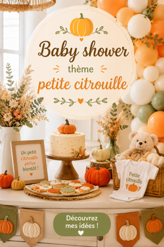 Décoration de baby shower sur le thème de la petite citrouille avec des citrouilles en décoration.