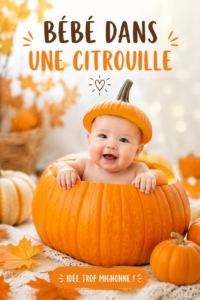Bébé souriant installé dans une citrouille décorée pour l'automne.