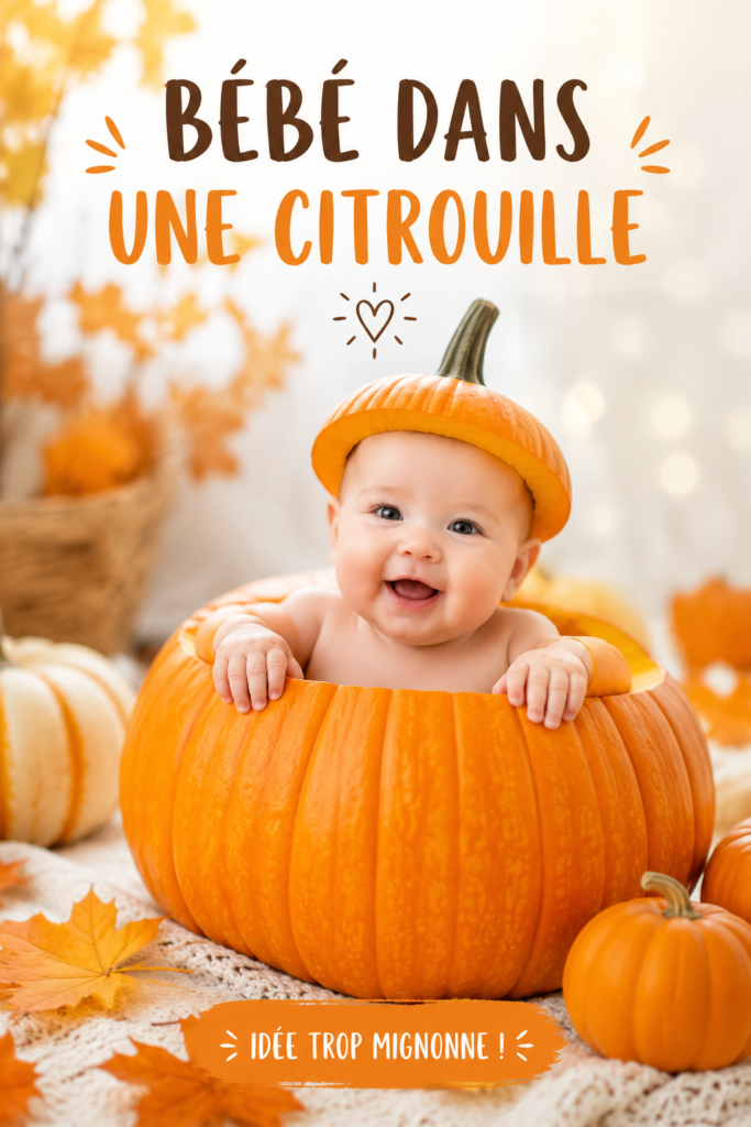 Bébé souriant installé dans une citrouille décorée pour l'automne.