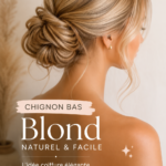 Chignon bas élégant réalisé sur un mannequin, mettant en avant une coiffure simple et chic.