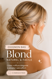Chignon bas élégant réalisé sur un mannequin, mettant en avant une coiffure simple et chic.