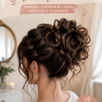 Chignon bohème bouclé élégant pour mariage, cheveux mi-longs.