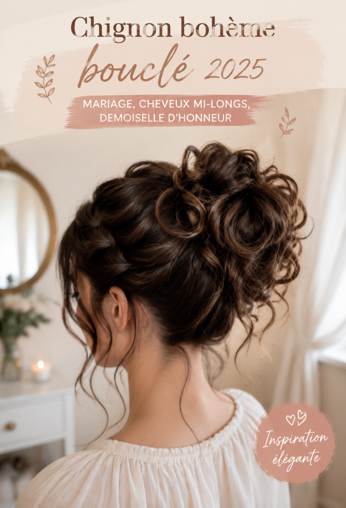 Chignon bohème bouclé élégant pour mariage, cheveux mi-longs.