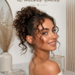 Chignon bouclé élégant avec mèches encadrantes pour un look sophistiqué.