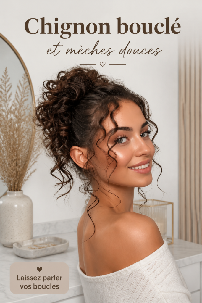 Chignon bouclé élégant avec mèches encadrantes pour un look sophistiqué.