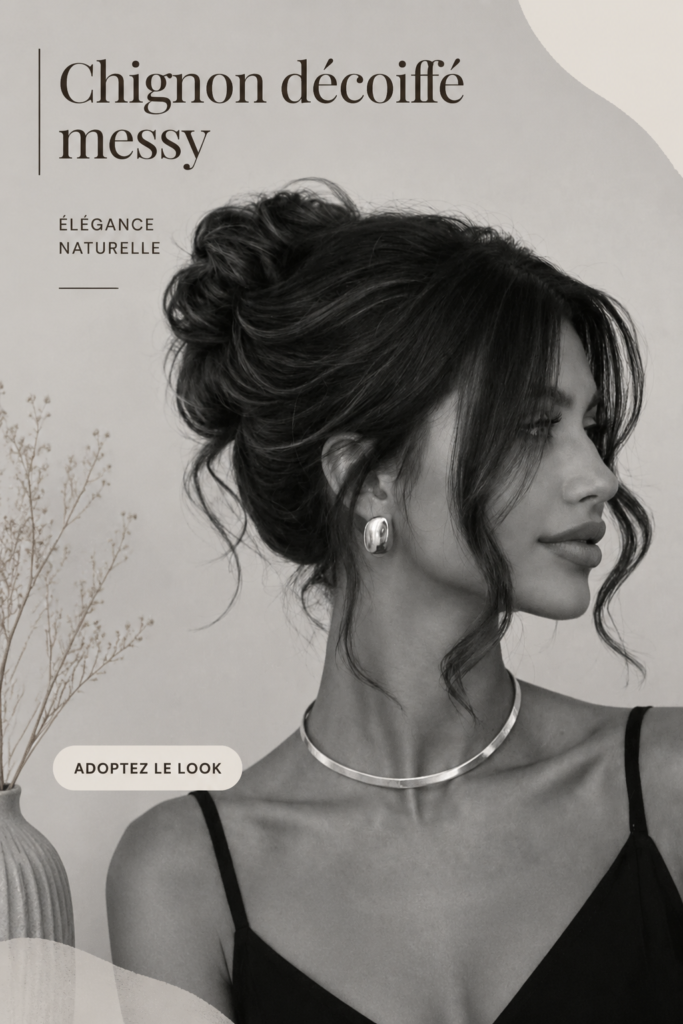 Femme avec un chignon désordonné élégant en extérieur.