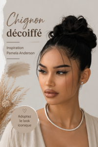 Chignon désordonné inspiré de Pamela Anderson, coiffure moderne et tendance.