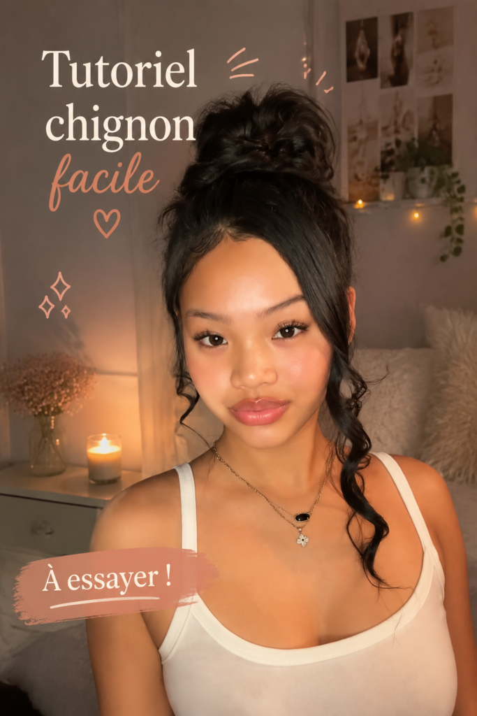 Chignon facile réalisé sur cheveux longs pour un look élégant.