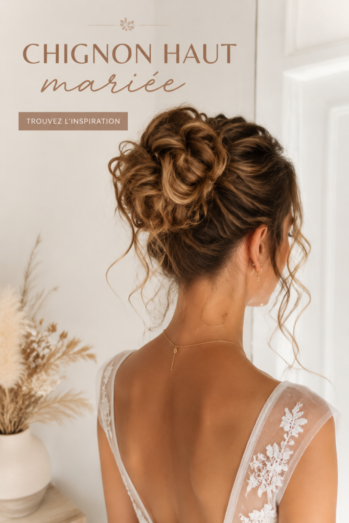 Chignon haut élégant pour une mariée, coiffure raffinée et moderne.