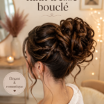 Un élégant chignon haut tressé bouclé sur une femme, mettant en avant sa coiffure raffinée.