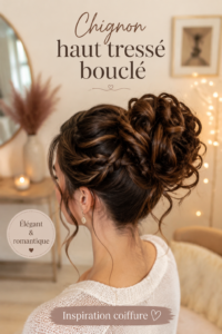 Un élégant chignon haut tressé bouclé sur une femme, mettant en avant sa coiffure raffinée.