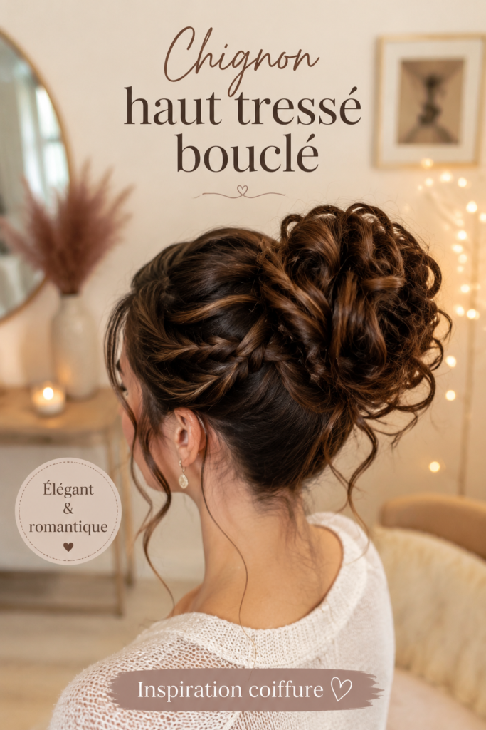 Un élégant chignon haut tressé bouclé sur une femme, mettant en avant sa coiffure raffinée.