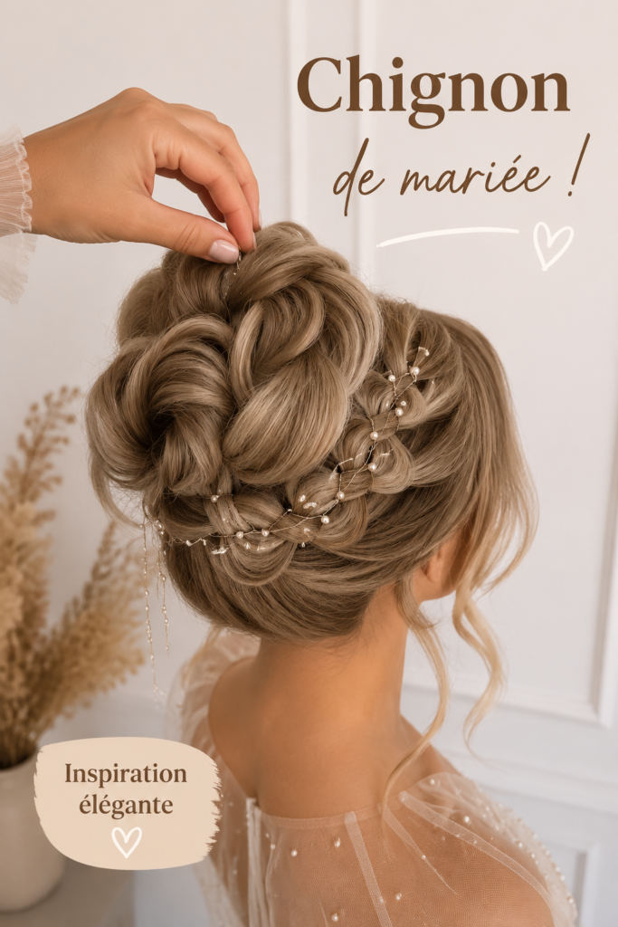 Chignon de mariage élégant en fleurs et tresses, coiffure parfaite pour la cérémonie