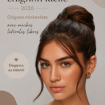 Chignon minimaliste élégant avec des mèches libres sur une femme au style décontracté.