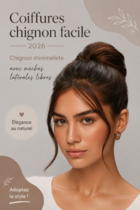 Chignon minimaliste élégant avec des mèches libres sur une femme au style décontracté.