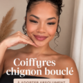 Chignon bouclé élégant sur des cheveux naturels.