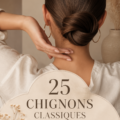 Femme avec un chignon élégant lors d'une soirée.