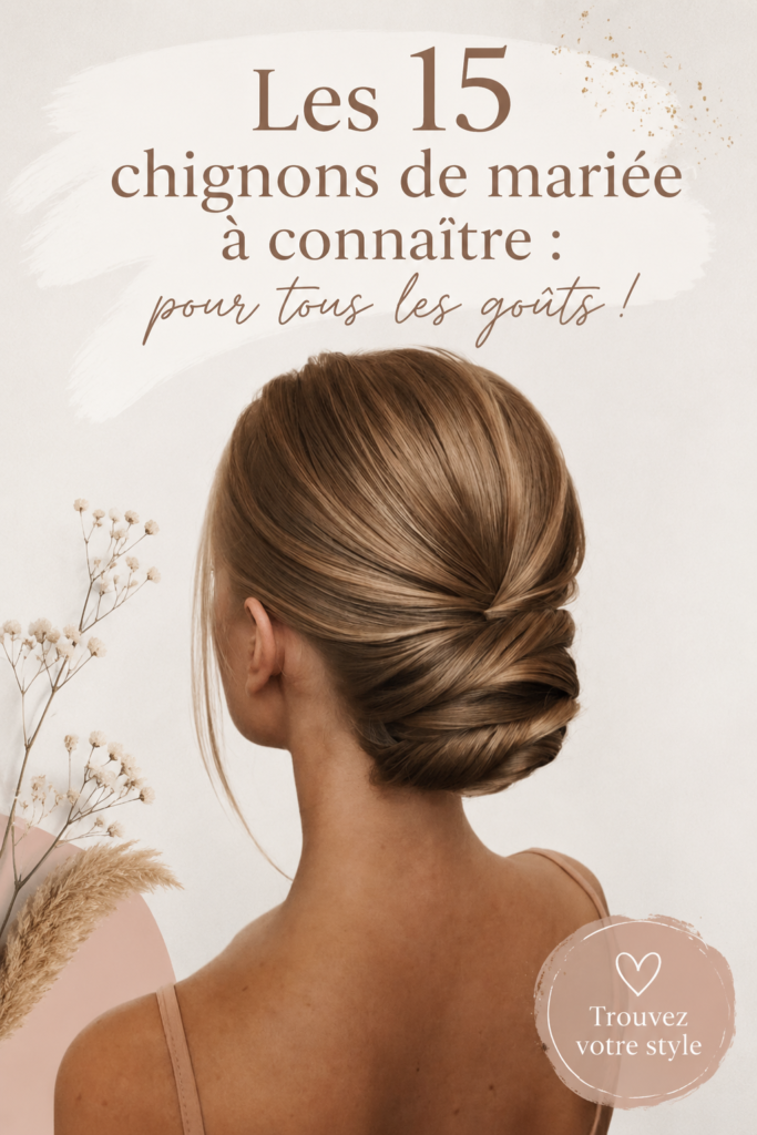 Une mariée avec un chignon élégant et raffiné, ornée de fleurs.