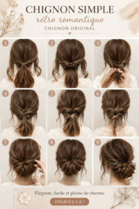 Chignon romantique et élégant réalisé avec des mèches en désordre.