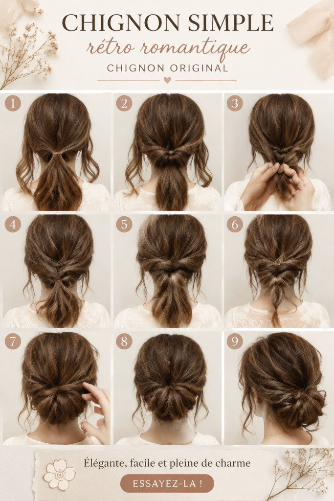 Chignon romantique et élégant réalisé avec des mèches en désordre.
