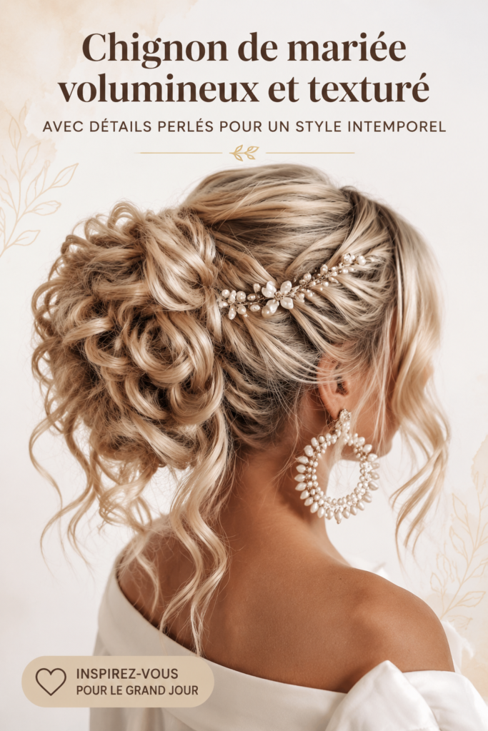 Coiffure de mariée volumineuse et texturée avec des perles, parfaite pour un mariage élégant.