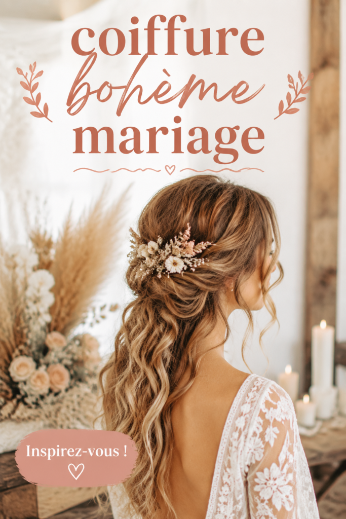 Coiffure bohème élégante pour mariage avec couronne de fleurs
