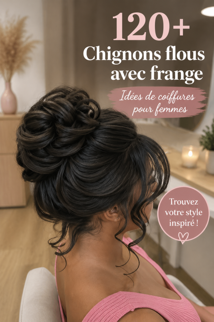 Femme avec un chignon décoiffé élégant et une frange