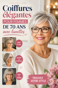 Coiffure élégante pour femme de 70 ans portant des lunettes dans un décor lumineux.
