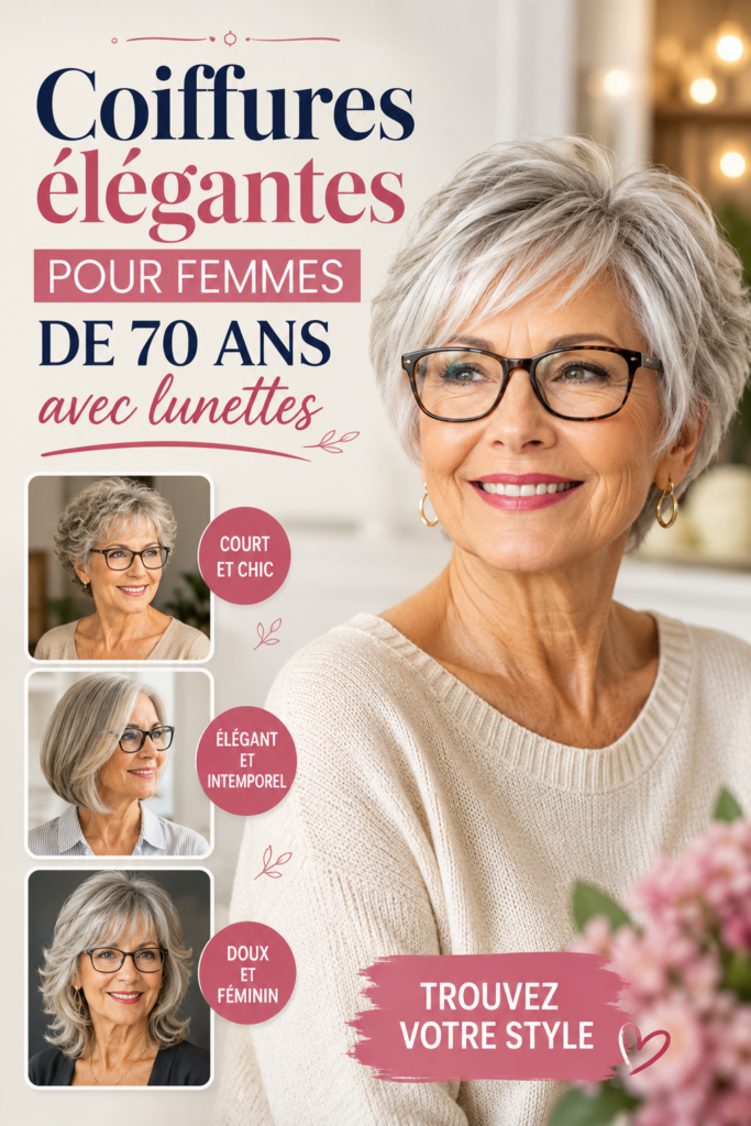 Coiffure élégante pour femme de 70 ans portant des lunettes dans un décor lumineux.