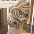 Une élégante coiffure de mariée avec des boucles délicates et un accessoire floral
