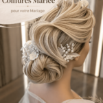 Une élégante coiffure de mariée avec des boucles délicates et un accessoire floral