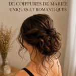 Coiffure de mariée unique avec des fleurs et des vagues douces.
