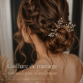 Coiffure de mariée avec vagues douces et headpiece en cristal dans un cadre automnal