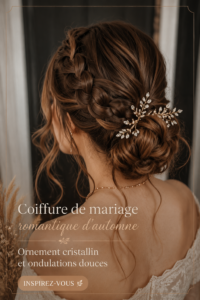 Coiffure de mariée avec vagues douces et headpiece en cristal dans un cadre automnal