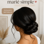 Coiffure simple et élégante pour mariage, mettant en avant un chignon bas.