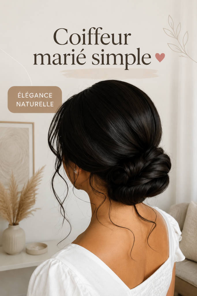 Coiffure simple et élégante pour mariage, mettant en avant un chignon bas.
