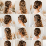 Coiffure tressée élégante pour un mariage, avec des fleurs et des accessoires.