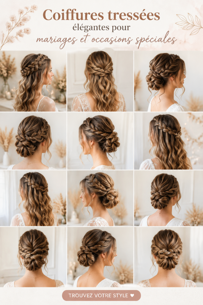 Coiffure tressée élégante pour un mariage, avec des fleurs et des accessoires.