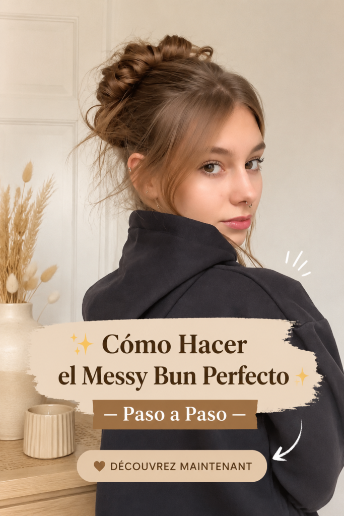 Femme réalisant un messy bun parfait, coiffure décontractée et élégante pour tous les jours.