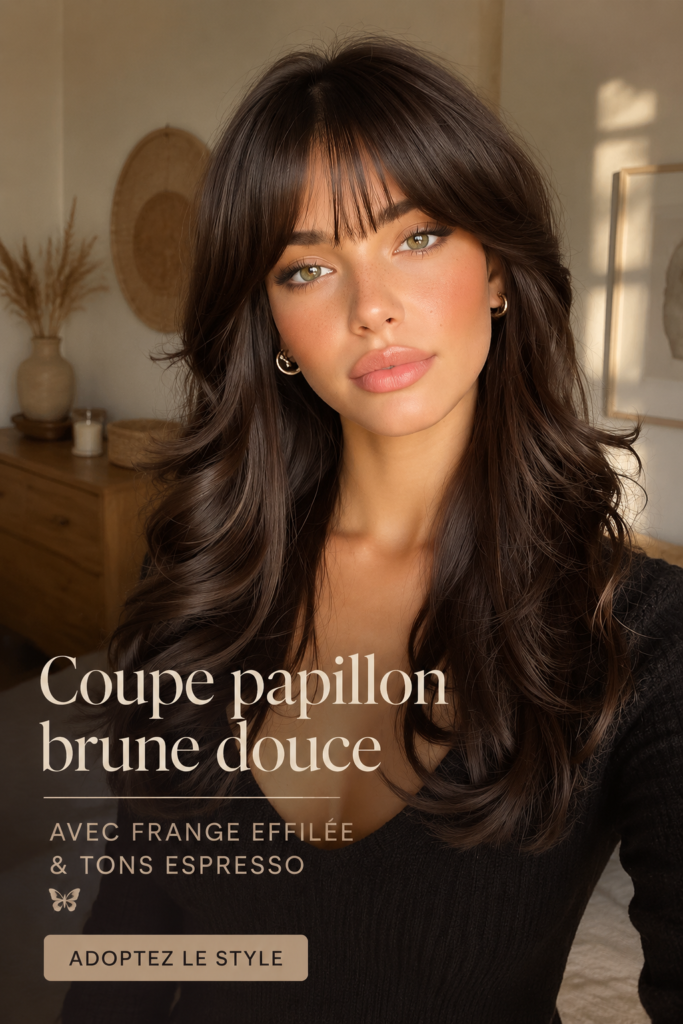 Femme avec une coupe butterfly brune et des mèches espresso, silhouette élégante.