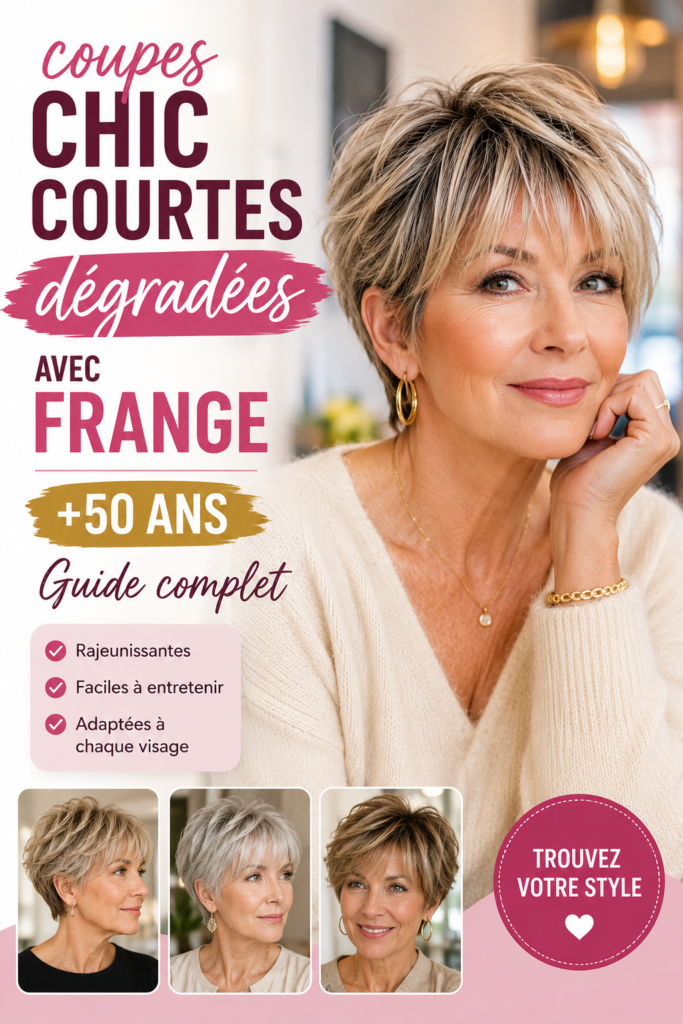 Une femme souriante avec une coupe courte dégradée et une frange, montrant un look moderne et élégant.