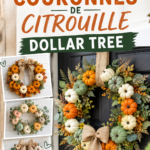 Un exemple de couronne de citrouille faite maison, ornée de feuilles et de fleurs d'automne.