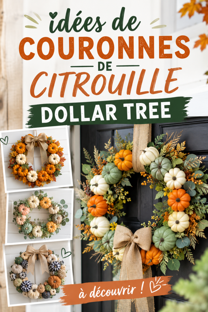 Un exemple de couronne de citrouille faite maison, ornée de feuilles et de fleurs d'automne.