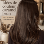 Cheveux bruns avec des reflets caramel en lumière naturelle, illustrant des nuances élégantes.