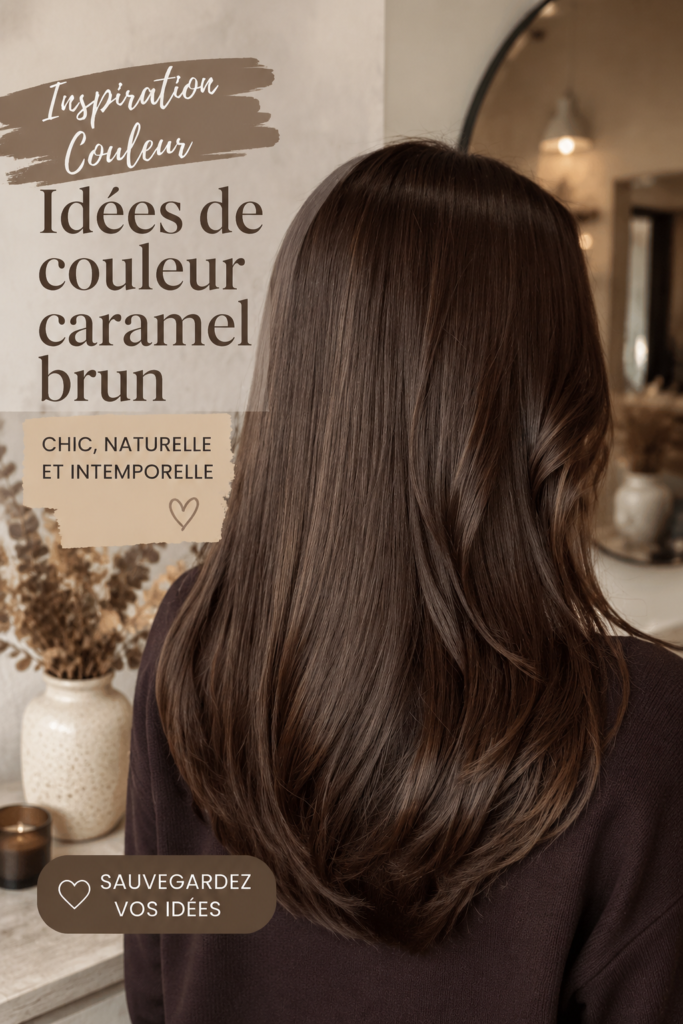 Cheveux bruns avec des reflets caramel en lumière naturelle, illustrant des nuances élégantes.