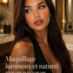 Maquillage lumineux sur un visage avec un teint éclatant et naturel.