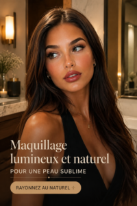 Maquillage lumineux sur un visage avec un teint éclatant et naturel.