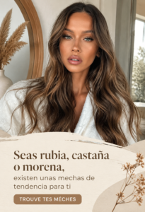 Un échantillon de mèches tendance sur des cheveux châtains, démontrant différentes techniques.
