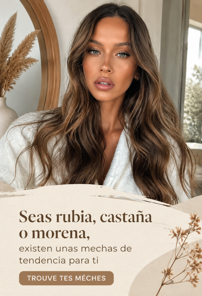 Un échantillon de mèches tendance sur des cheveux châtains, démontrant différentes techniques.